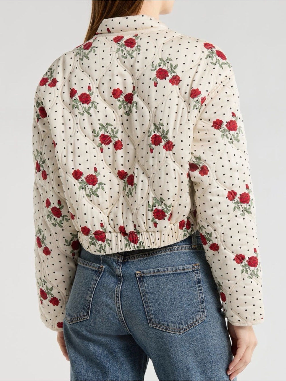 Blank NYC Cream Quilted Bomber Jacket with Red Rose Print Size Large - Picture 2 of 6